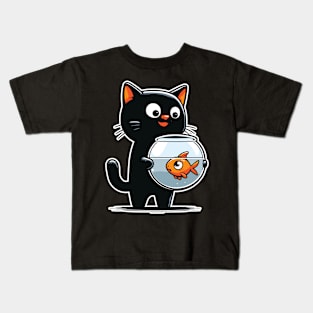 Cat Staring Down at Fish in Fishbowl Graphic Kids T-Shirt